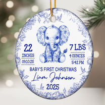Elephant Baby First Christmas Toile Style - Personalized Ceramic Ornament