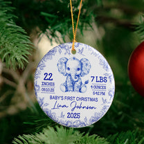 Elephant Baby First Christmas Toile Style - Personalized Ceramic Ornament