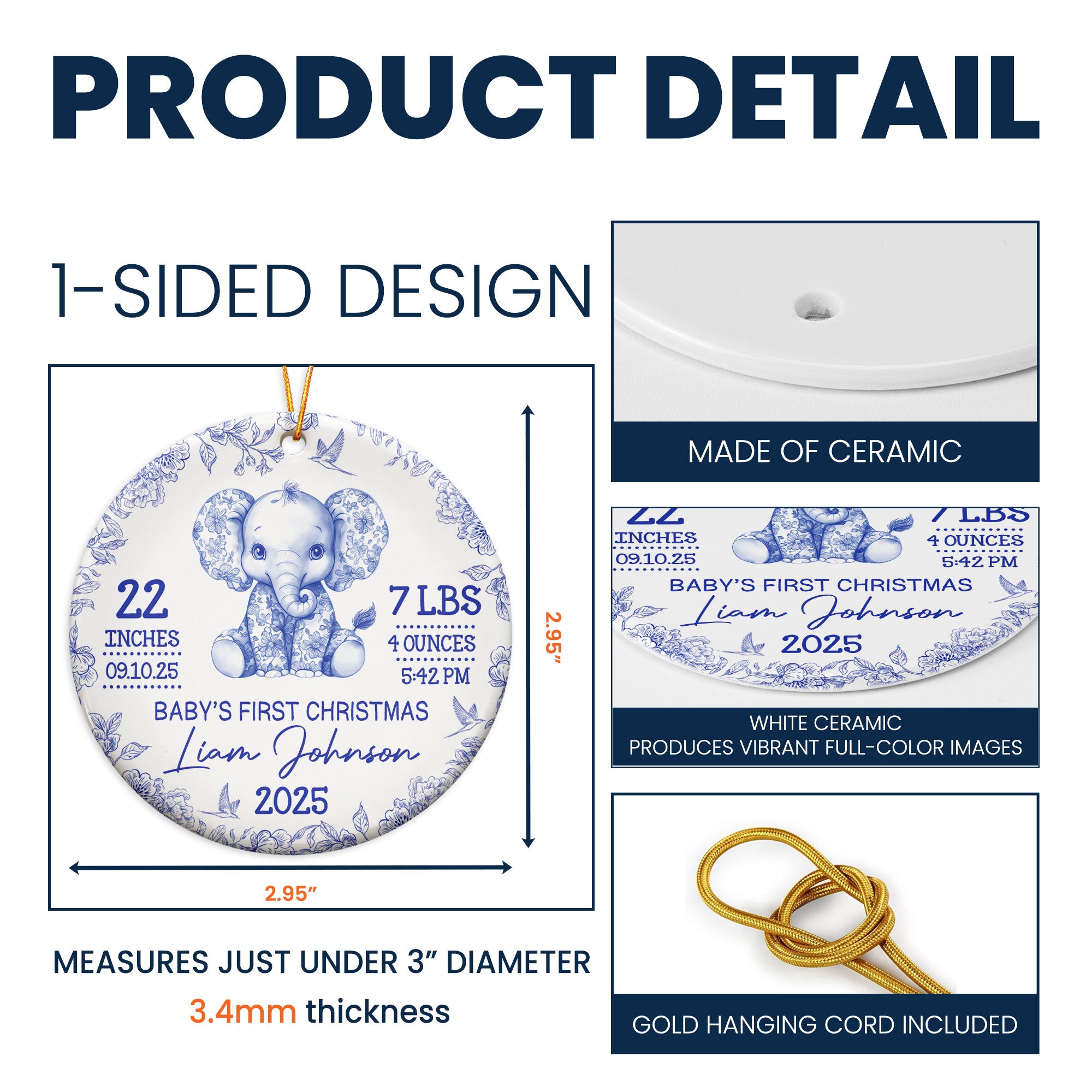 Elephant Baby First Christmas Toile Style - Personalized Ceramic Ornament