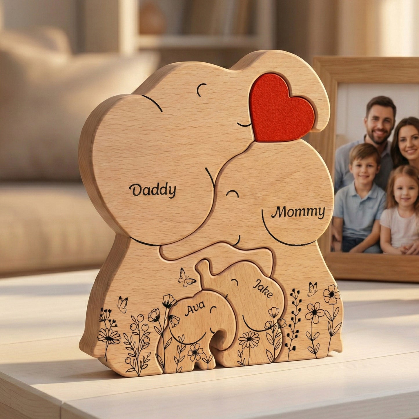 Elephant Family Parents & Kids - Custom Names - Mother's Day Gift - Personalized Wooden Family Puzzle