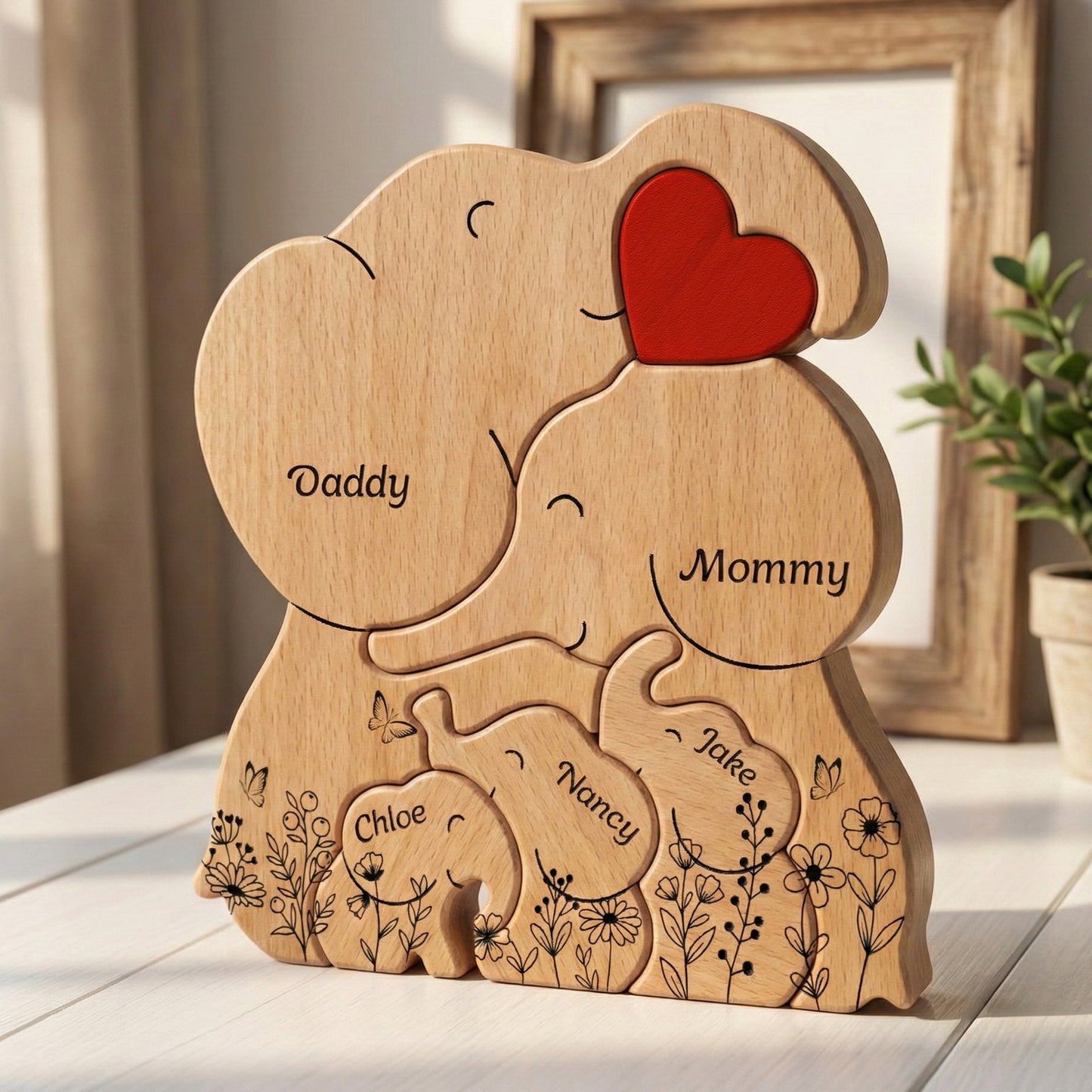 Elephant Family Parents & Kids - Custom Names - Mother's Day Gift - Personalized Wooden Family Puzzle