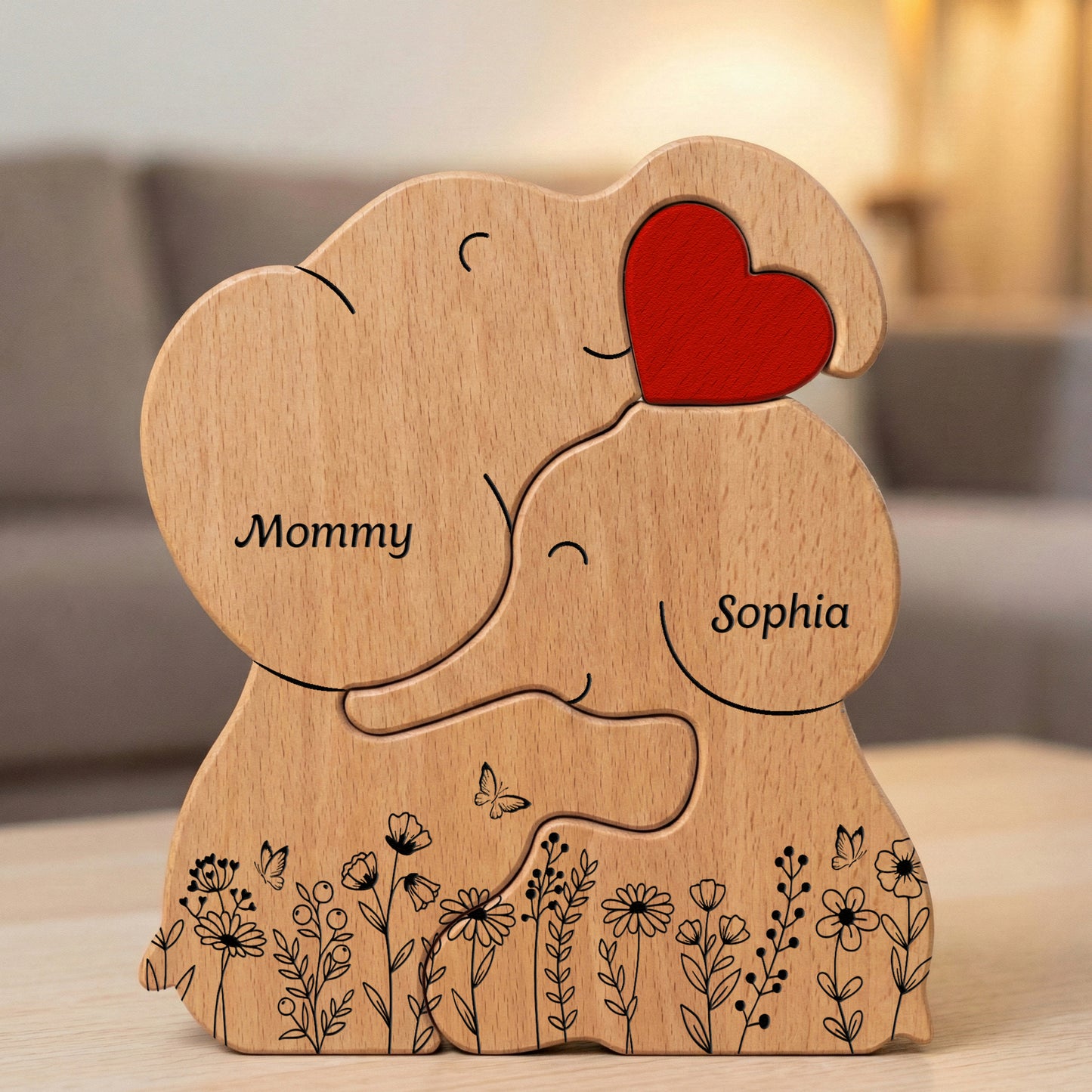 Elephant Family Parents & Kids - Custom Names - Mother's Day Gift - Personalized Wooden Family Puzzle