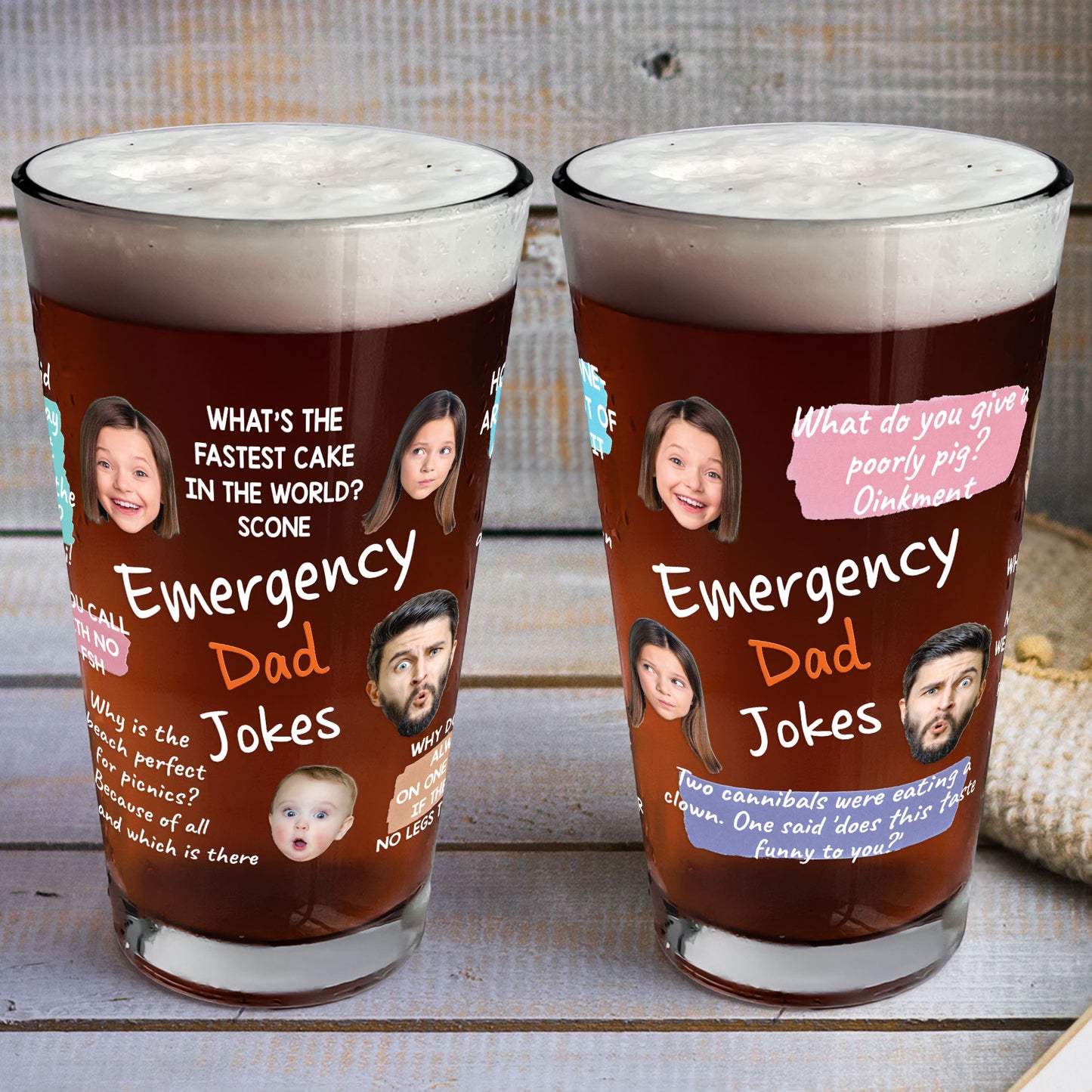 Emergency Dad Jokes Custom Funny Faces - Personalized Photo Beer Glass