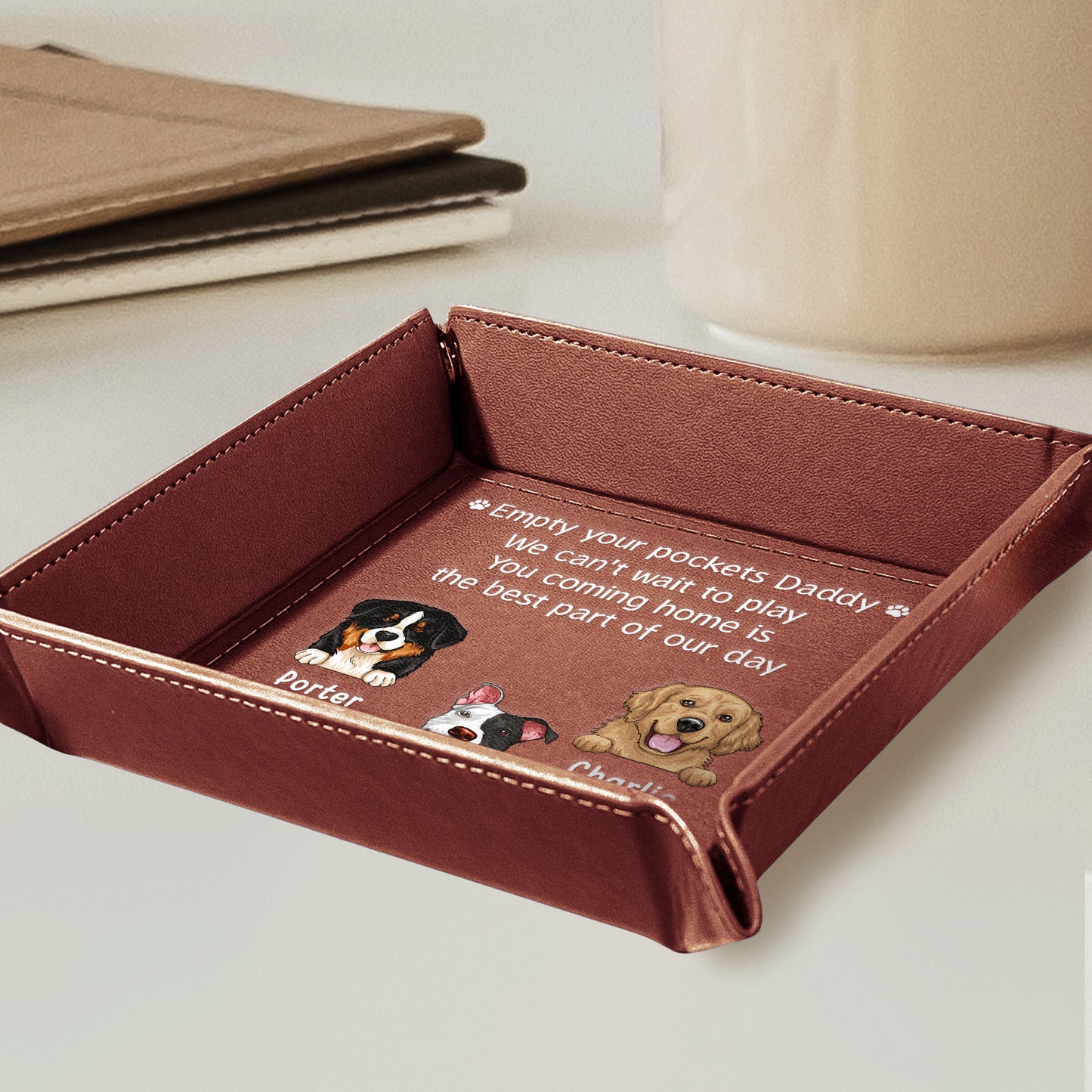 Empty Your Pockets Daddy Play With Us Dogs - Personalized Leather Valet Tray