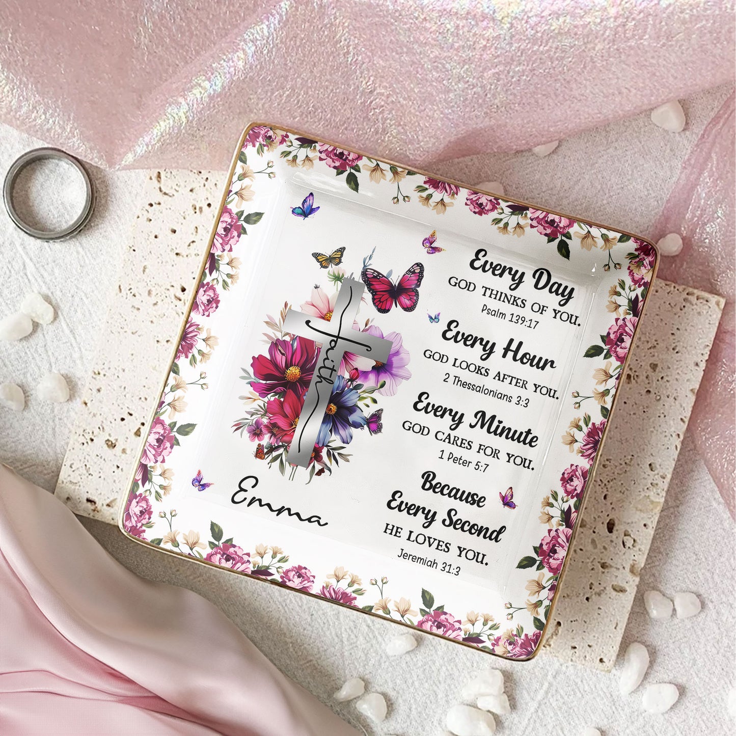 Every Day God Thinks Of You Bible Verses With Birth Flower - Personalized Jewelry Dish