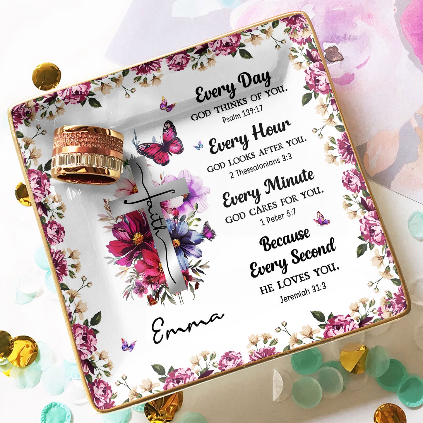 Every Day God Thinks Of You Bible Verses With Birth Flower - Personalized Jewelry Dish