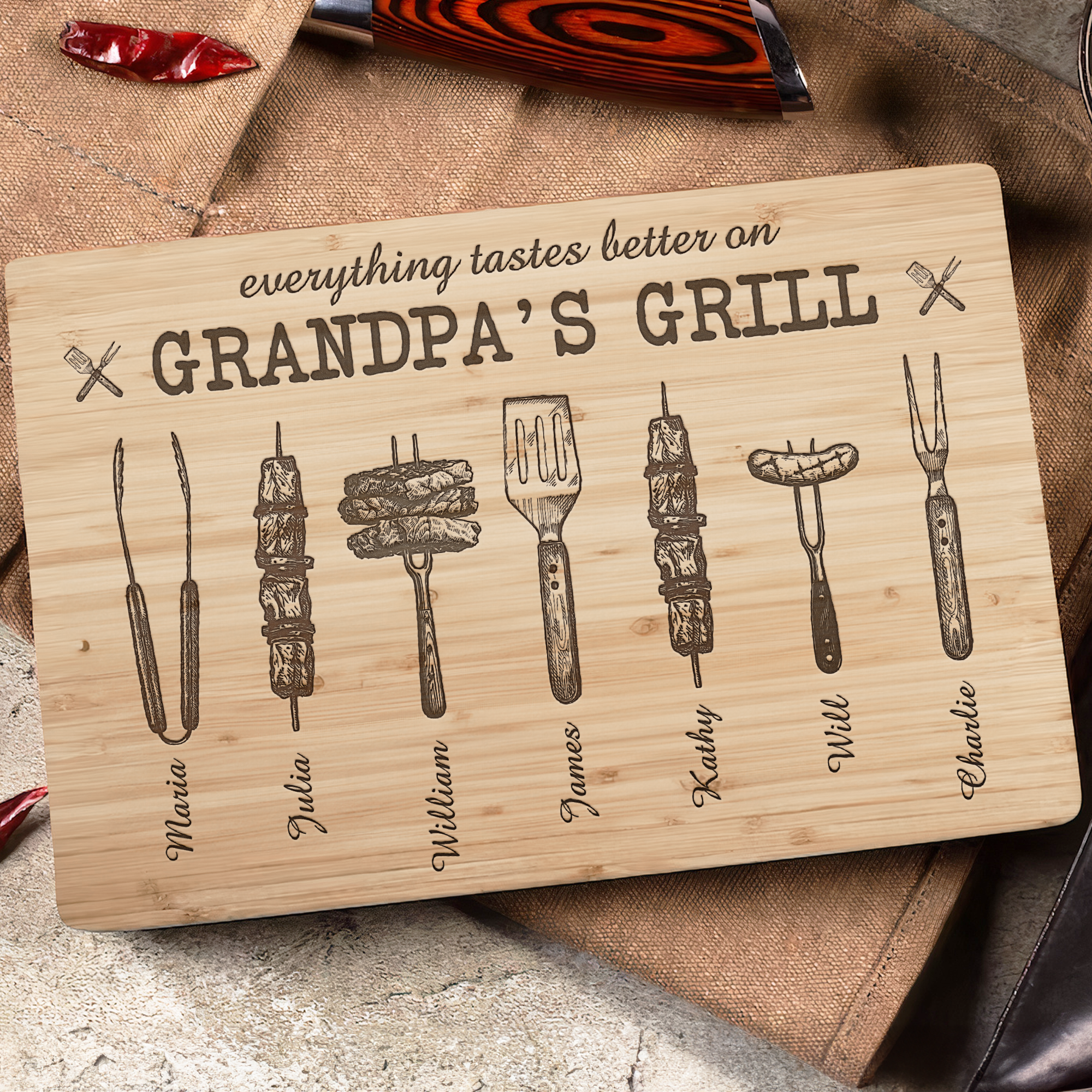 Father's Day Gifts, Everything Tastes Better On Grandpa's Grill - Personalized Cutting Board