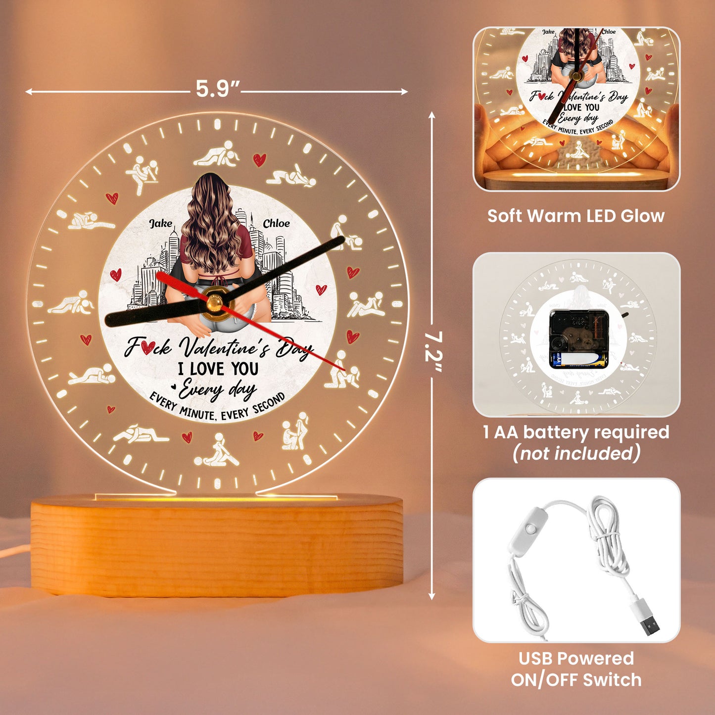F Valentine’s Day I Love You Every Day, Every Minute, Every Second - Personalized Acrylic Desk Clock Light