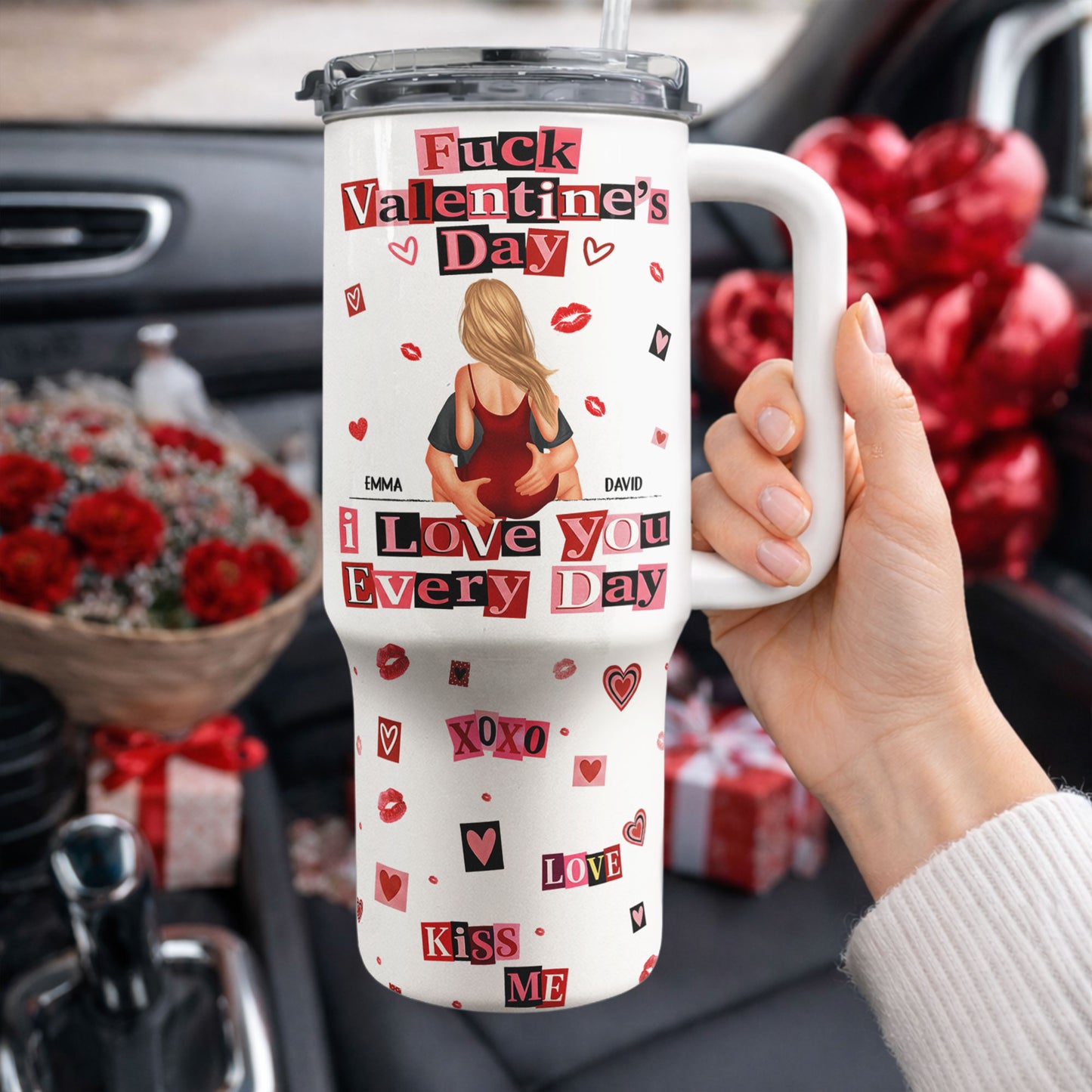 F()Ck Valentine's Day I Love You Every Day - Ransom Note Style - Fun Gifts For Her - Personalized 40oz Tumbler With Straw