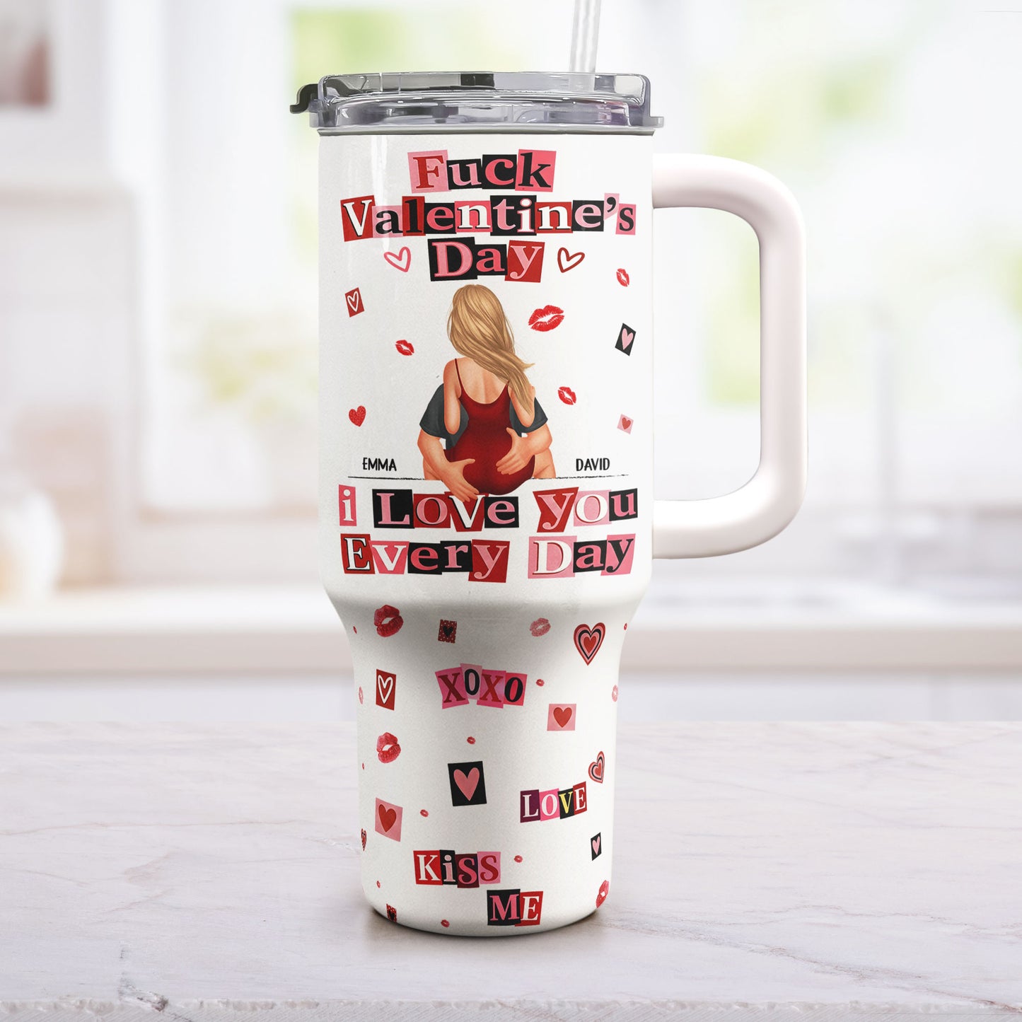 F()Ck Valentine's Day I Love You Every Day - Ransom Note Style - Fun Gifts For Her - Personalized 40oz Tumbler With Straw