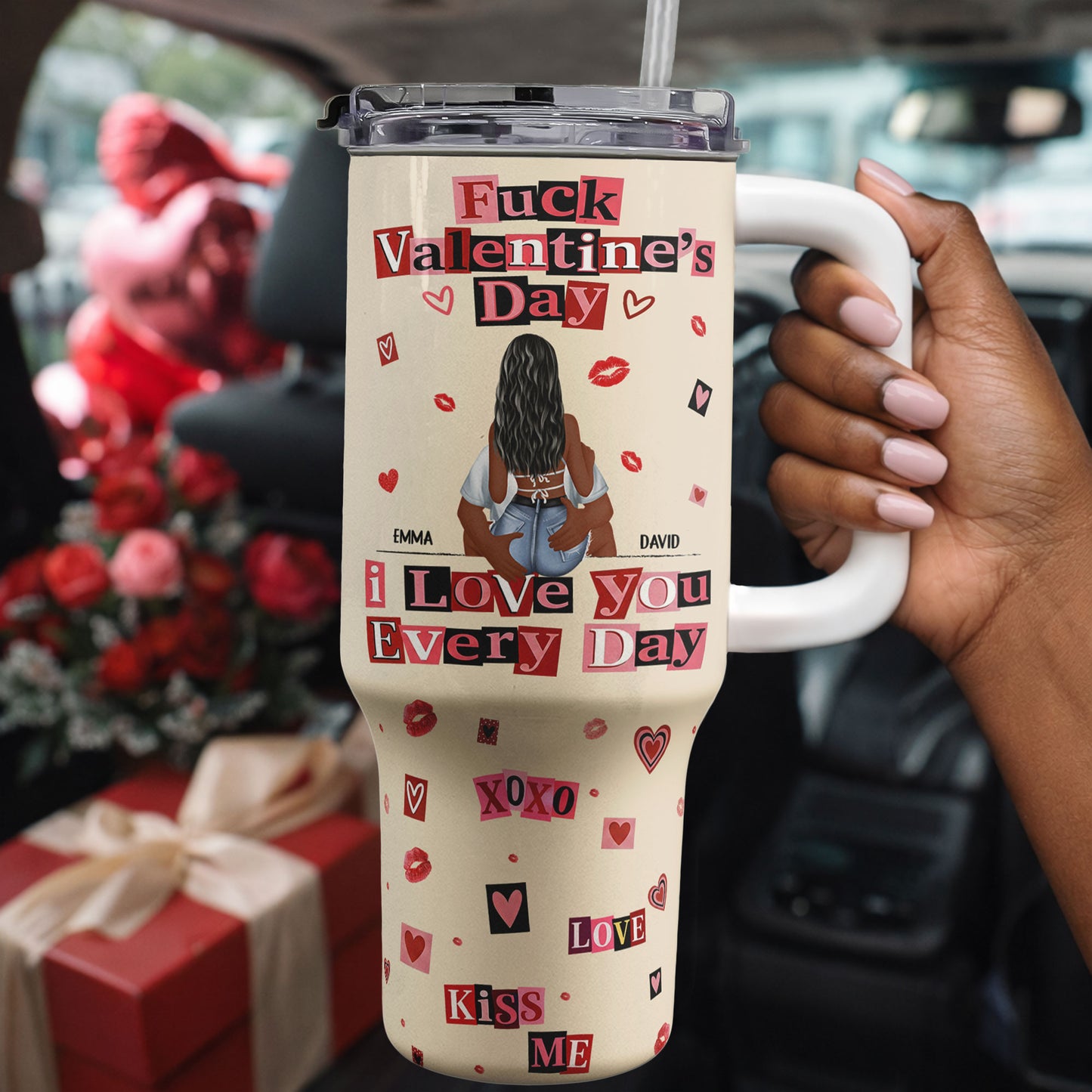 F()Ck Valentine's Day I Love You Every Day - Ransom Note Style - Fun Gifts For Her - Personalized 40oz Tumbler With Straw