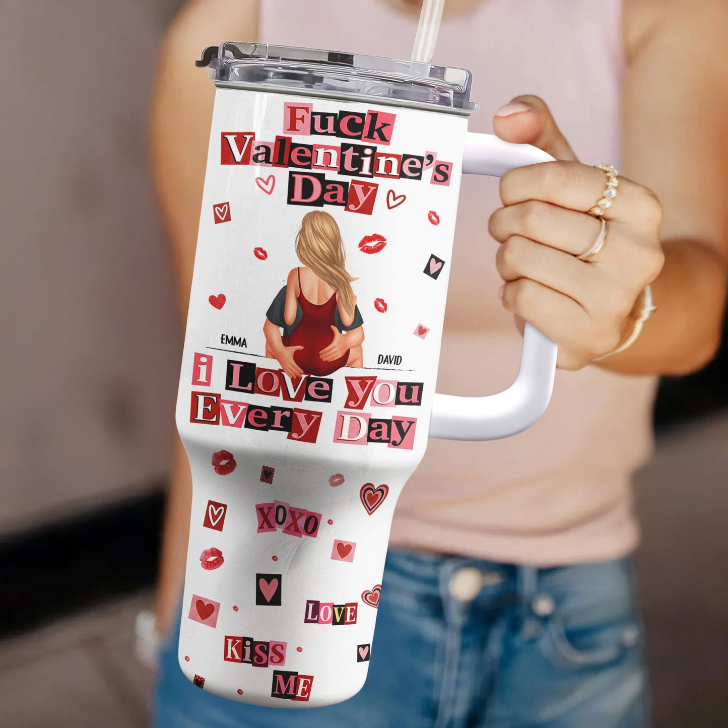 F()Ck Valentine's Day I Love You Every Day - Ransom Note Style - Fun Gifts For Her - Personalized 40oz Tumbler With Straw