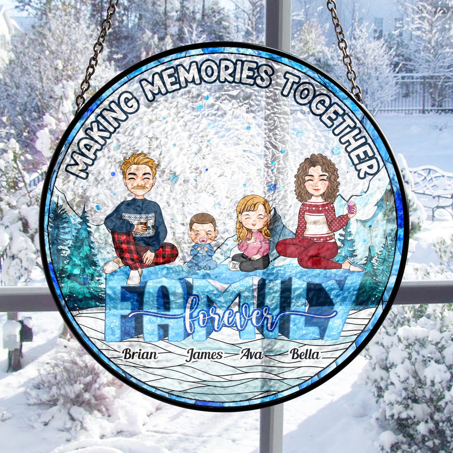 Family Around Christmas Tree - Personalized Stained Glass Window Hanging Suncatcher