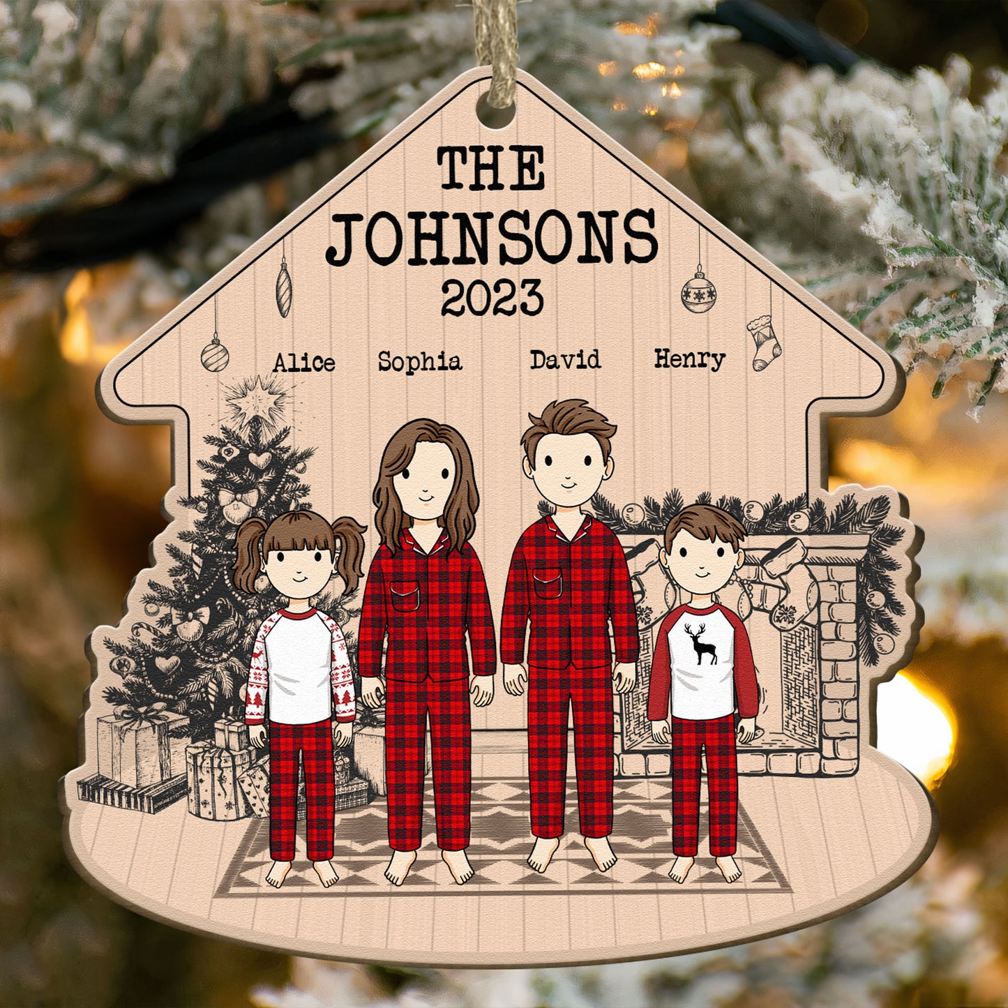 Family At Fireplace - Personalized Wooden Ornament
