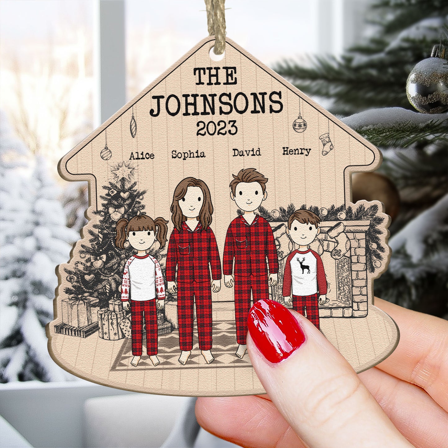 Family At Fireplace - Personalized Wooden Ornament