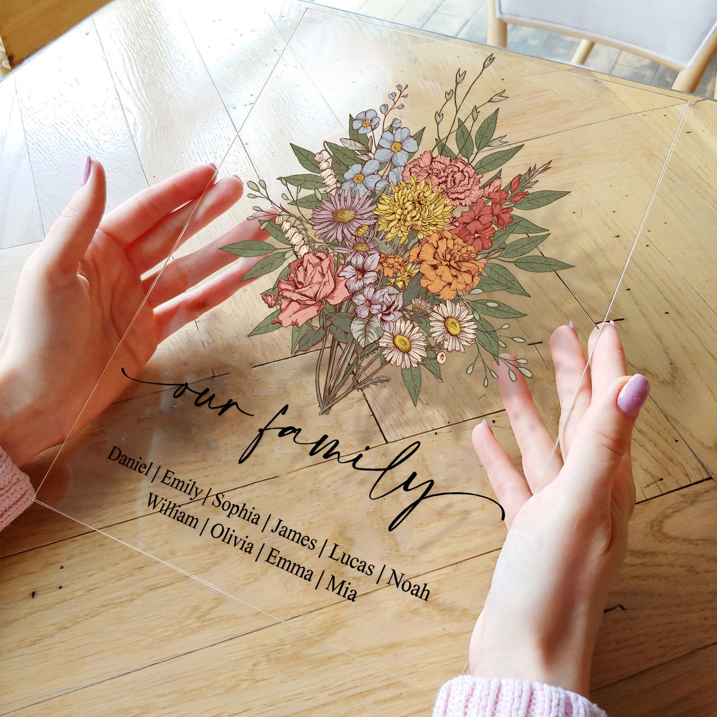 Family Boho Birth Flower Bouquet Flowers Gift For Mom, Grandma, Family - Personalized Acrylic Plaque