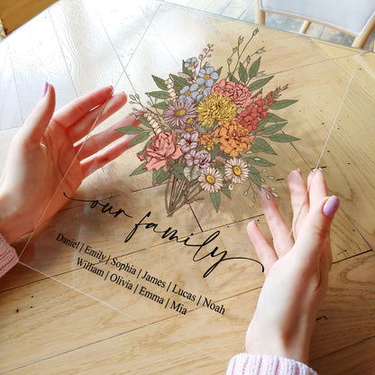 Family Boho Birth Flower Bouquet Flowers Gift For Mom, Grandma, Family - Personalized Acrylic Plaque