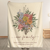 Family Boho Birth Flower Bouquet Flowers Gift For Mom, Grandma, Family - Personalized Blanket