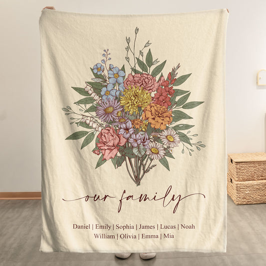 Family Boho Birth Flower Bouquet Flowers Gift For Mom, Grandma, Family - Personalized Blanket