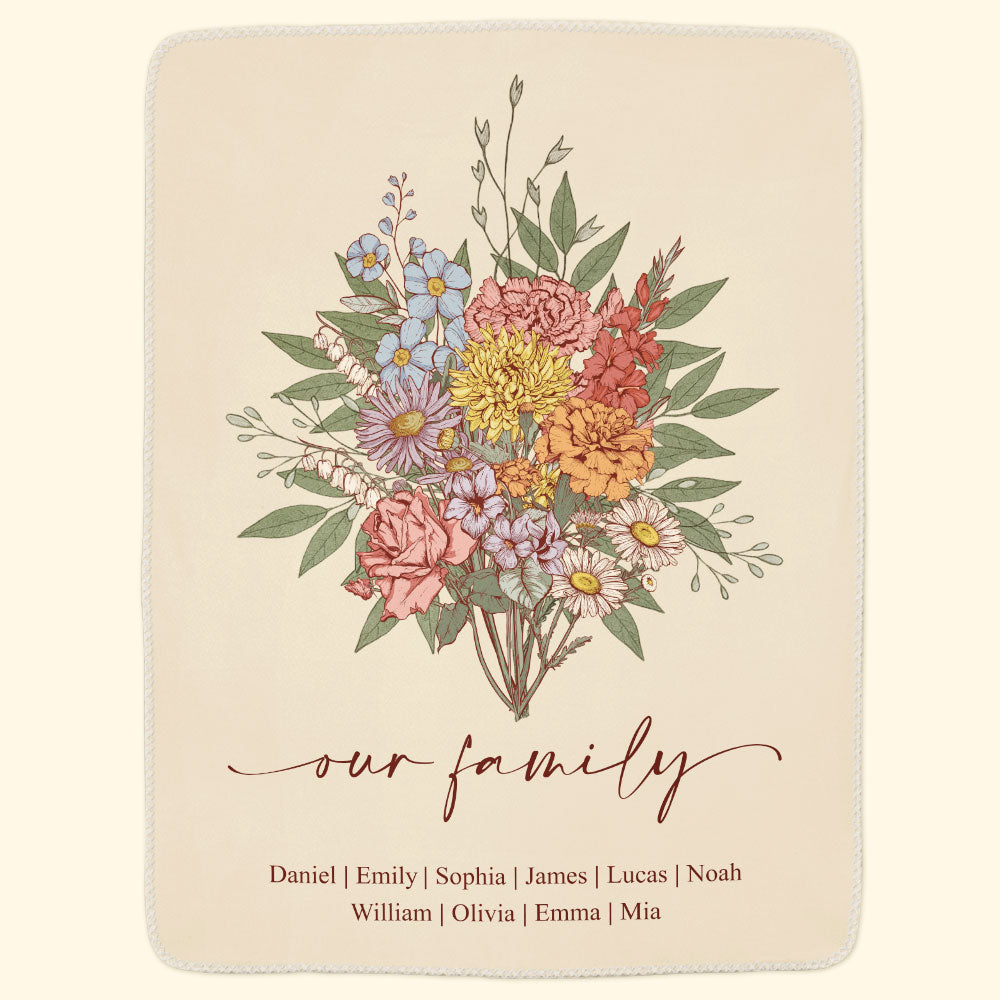 Family Boho Birth Flower Bouquet Flowers Gift For Mom, Grandma, Family - Personalized Blanket