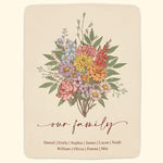 Family Boho Birth Flower Bouquet Flowers Gift For Mom, Grandma, Family - Personalized Blanket