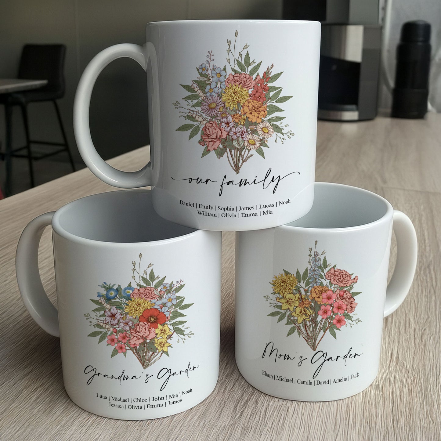 Family Boho Birth Flower Bouquet Flowers Gift For Mom, Grandma, Family - Personalized Mug