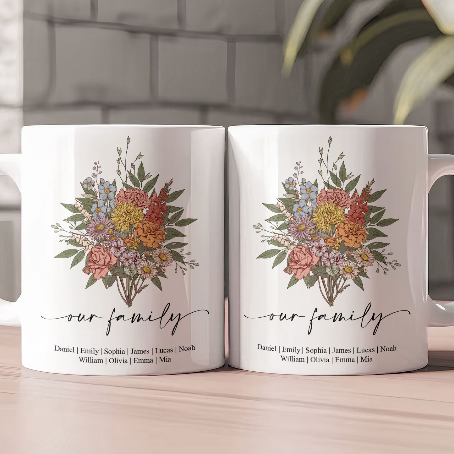 Family Boho Birth Flower Bouquet Flowers Gift For Mom, Grandma, Family - Personalized Mug