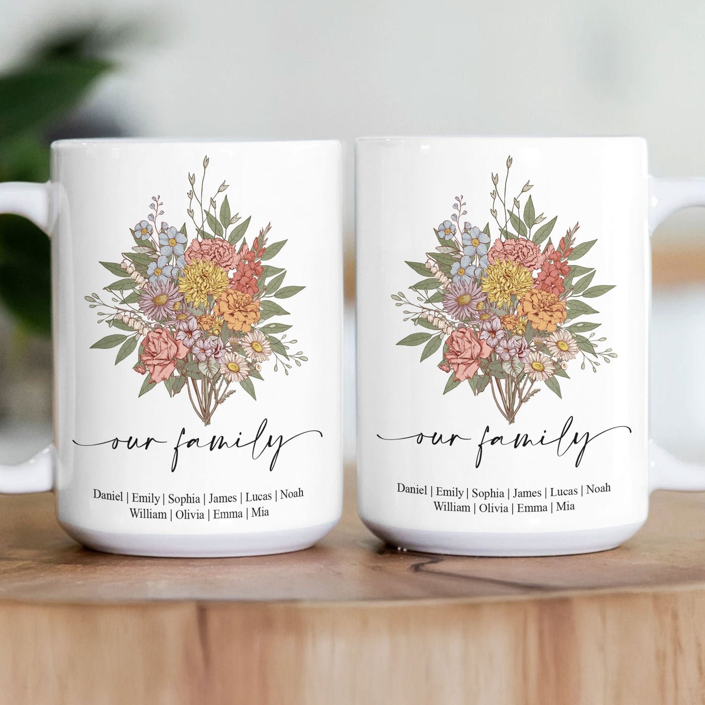 Family Boho Birth Flower Bouquet Flowers Gift For Mom, Grandma, Family - Personalized Mug