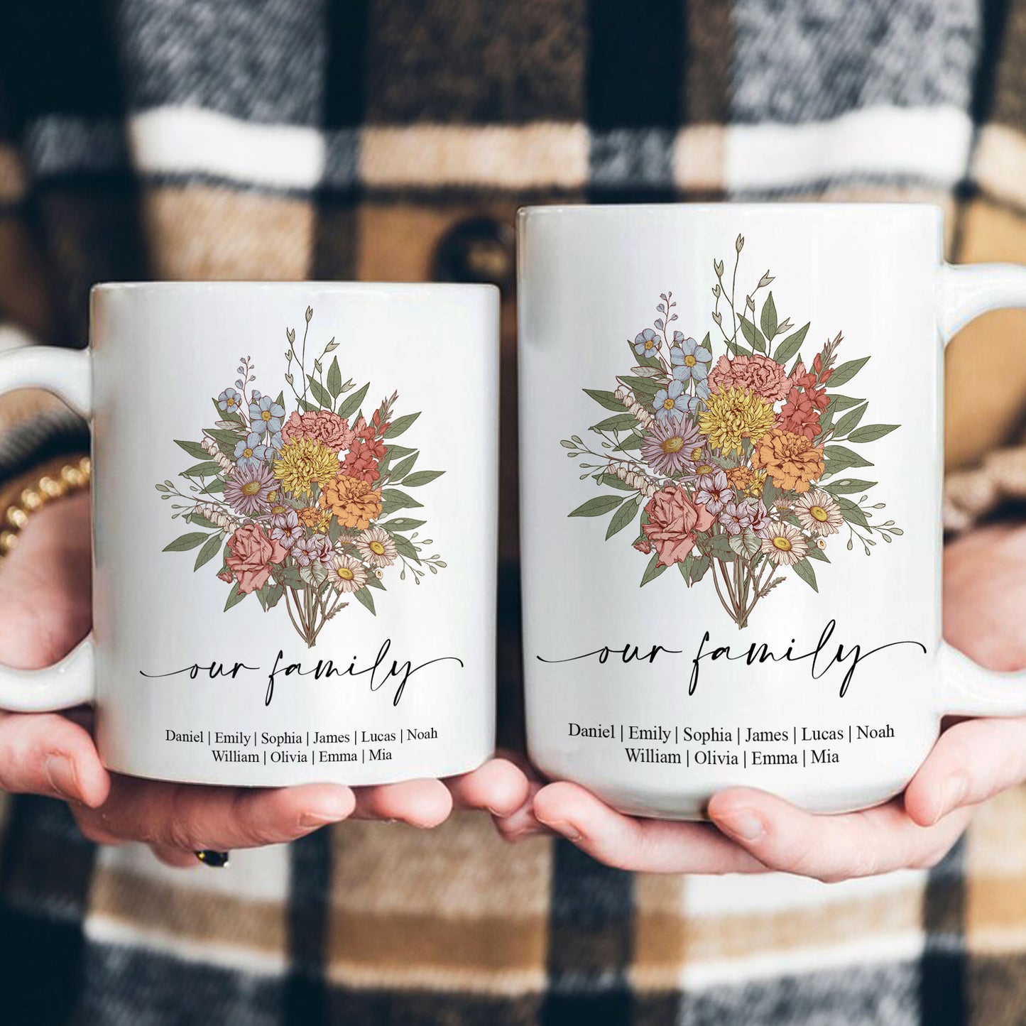 Family Boho Birth Flower Bouquet Flowers Gift For Mom, Grandma, Family - Personalized Mug