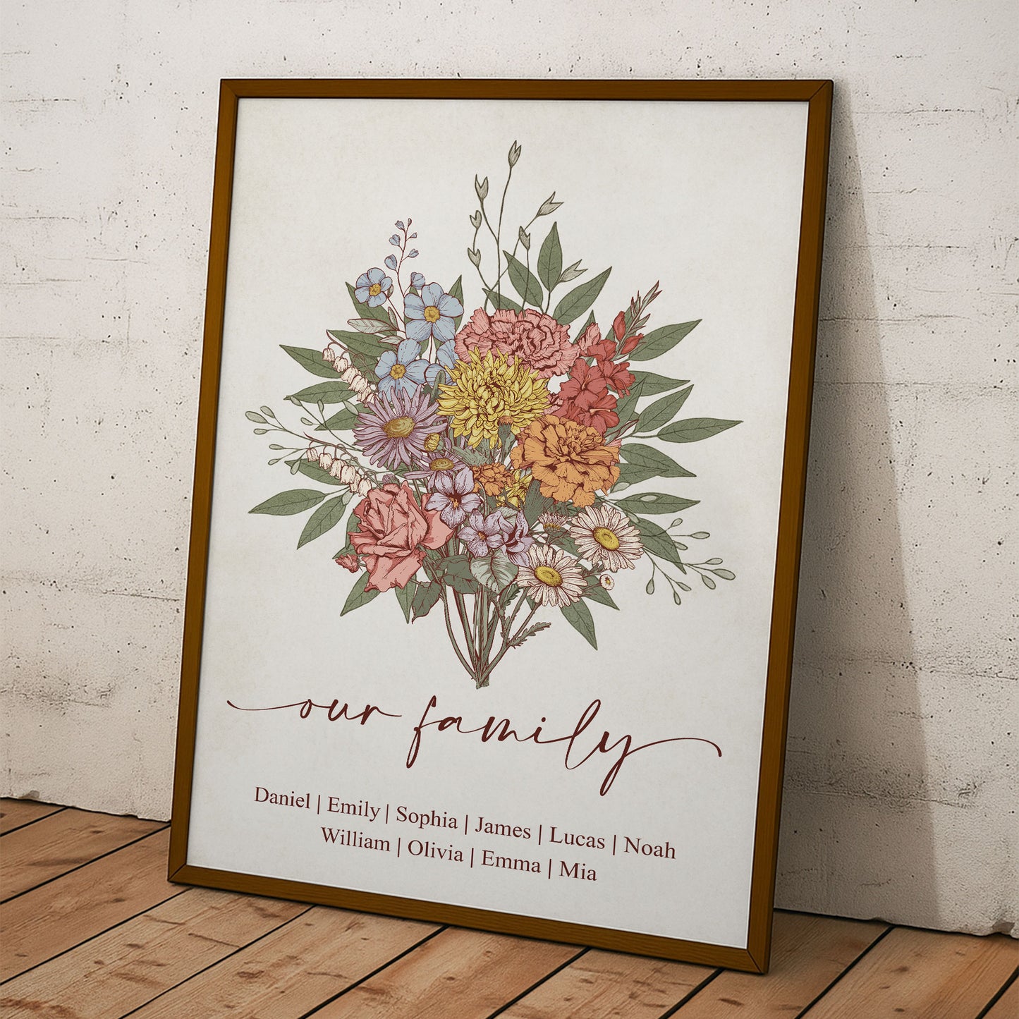 Family Boho Birth Flower Bouquet Flowers Gift For Mom, Grandma, Family - Personalized Poster