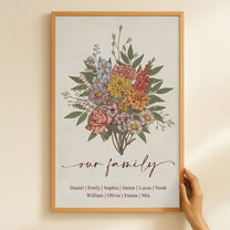 Family Boho Birth Flower Bouquet Flowers Gift For Mom, Grandma, Family - Personalized Poster