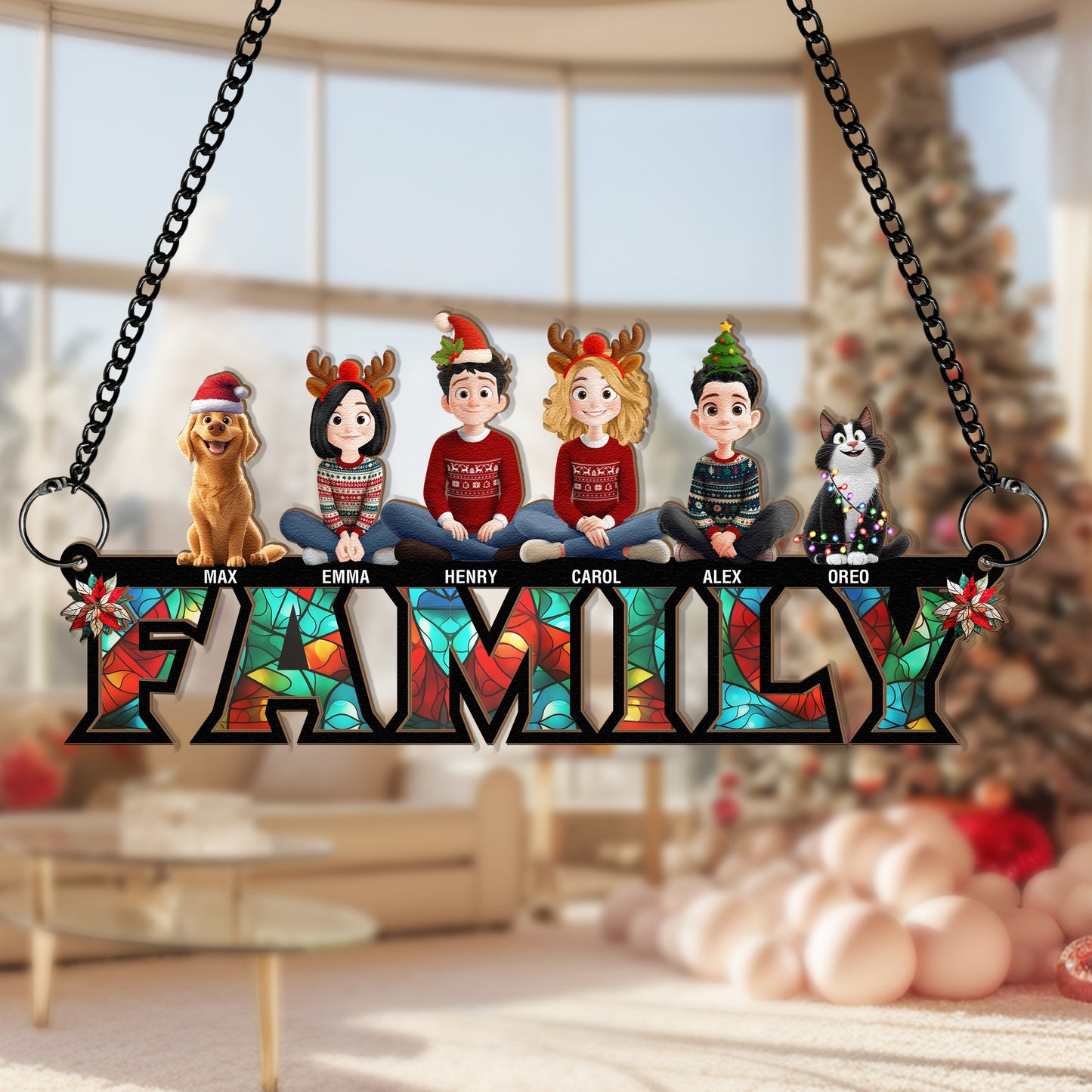 Family Christmas 2025 - Personalized Window Hanging Suncatcher Ornament
