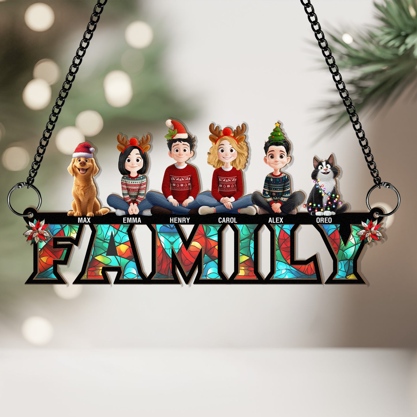 Family Christmas 2025 - Personalized Window Hanging Suncatcher Ornament