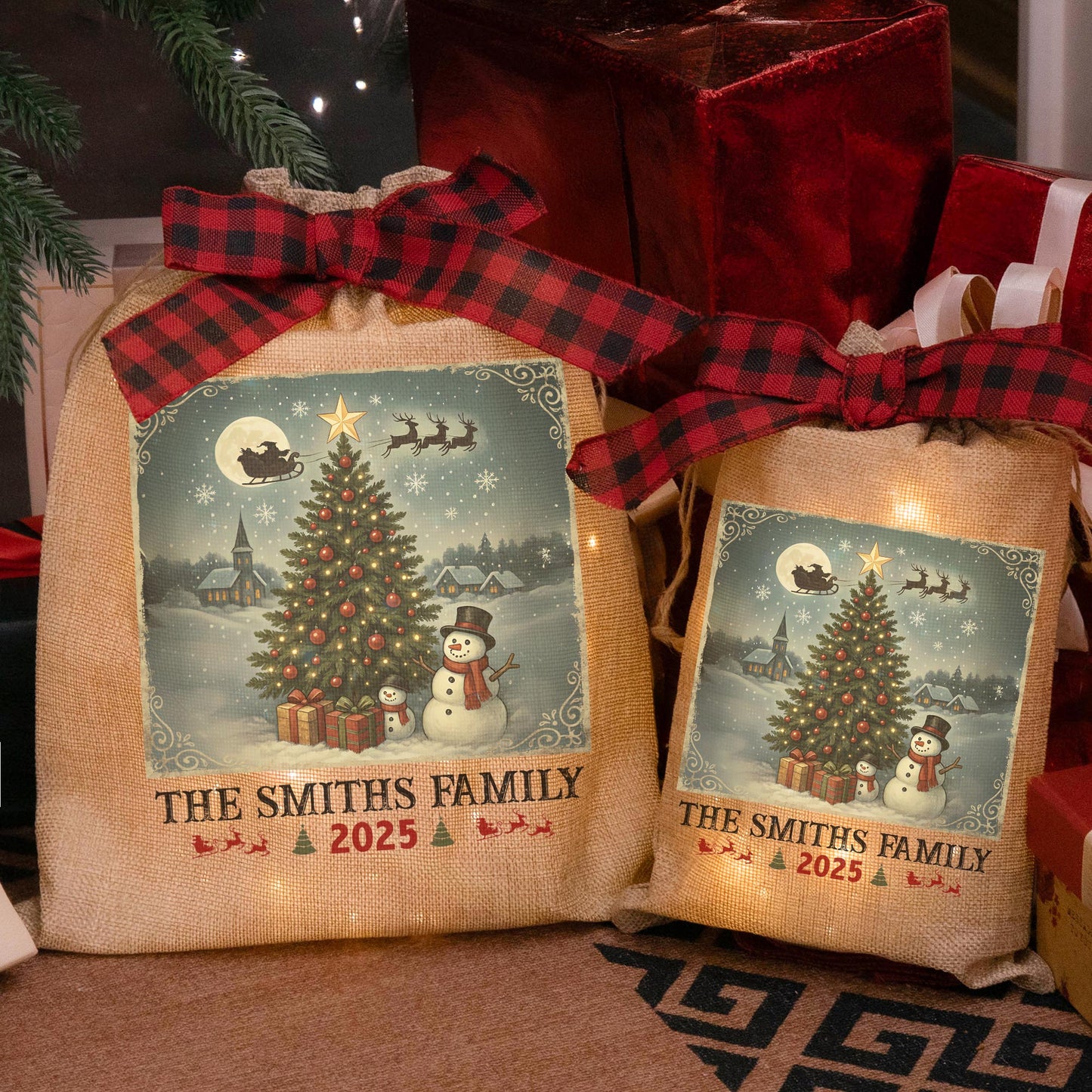 Family Christmas Artwork - Personalized Lighted Burlap Sack
