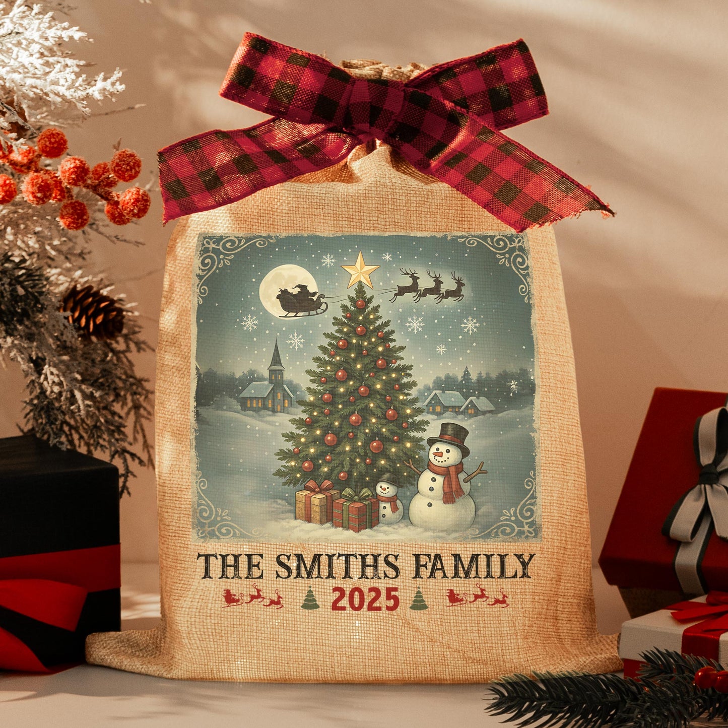 Family Christmas Artwork - Personalized Lighted Burlap Sack