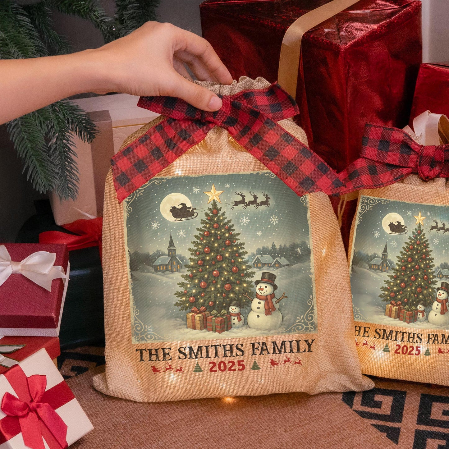 Family Christmas Artwork - Personalized Lighted Burlap Sack