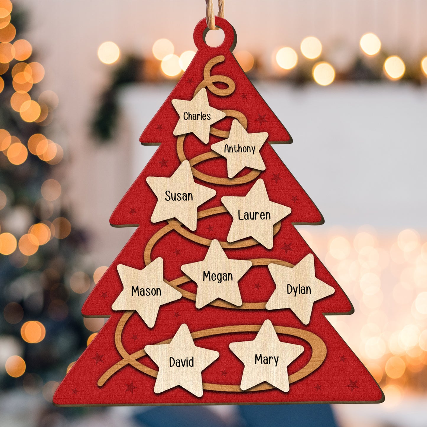 Family Christmas Tree With Star Ornament - Personalized Wooden Photo Ornament