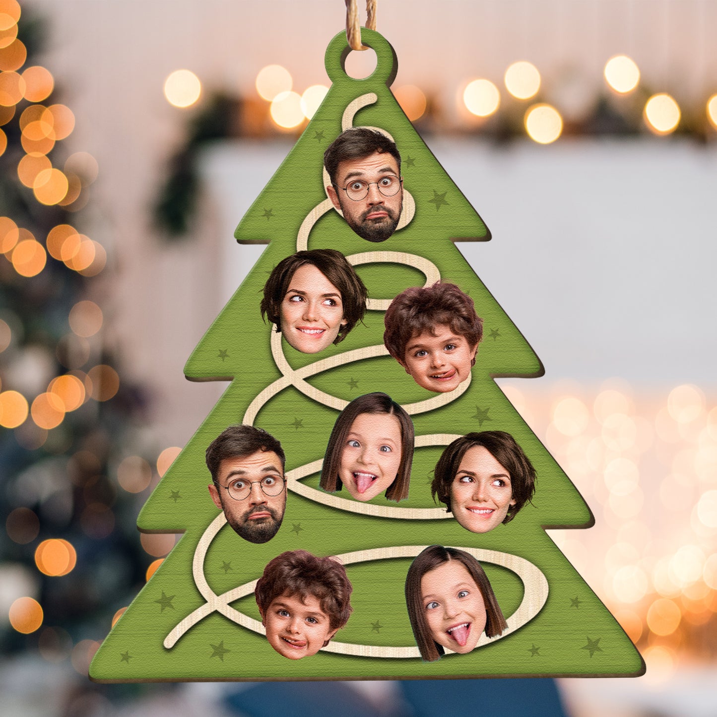 Family Christmas Tree With Star Ornament - Personalized Wooden Photo Ornament