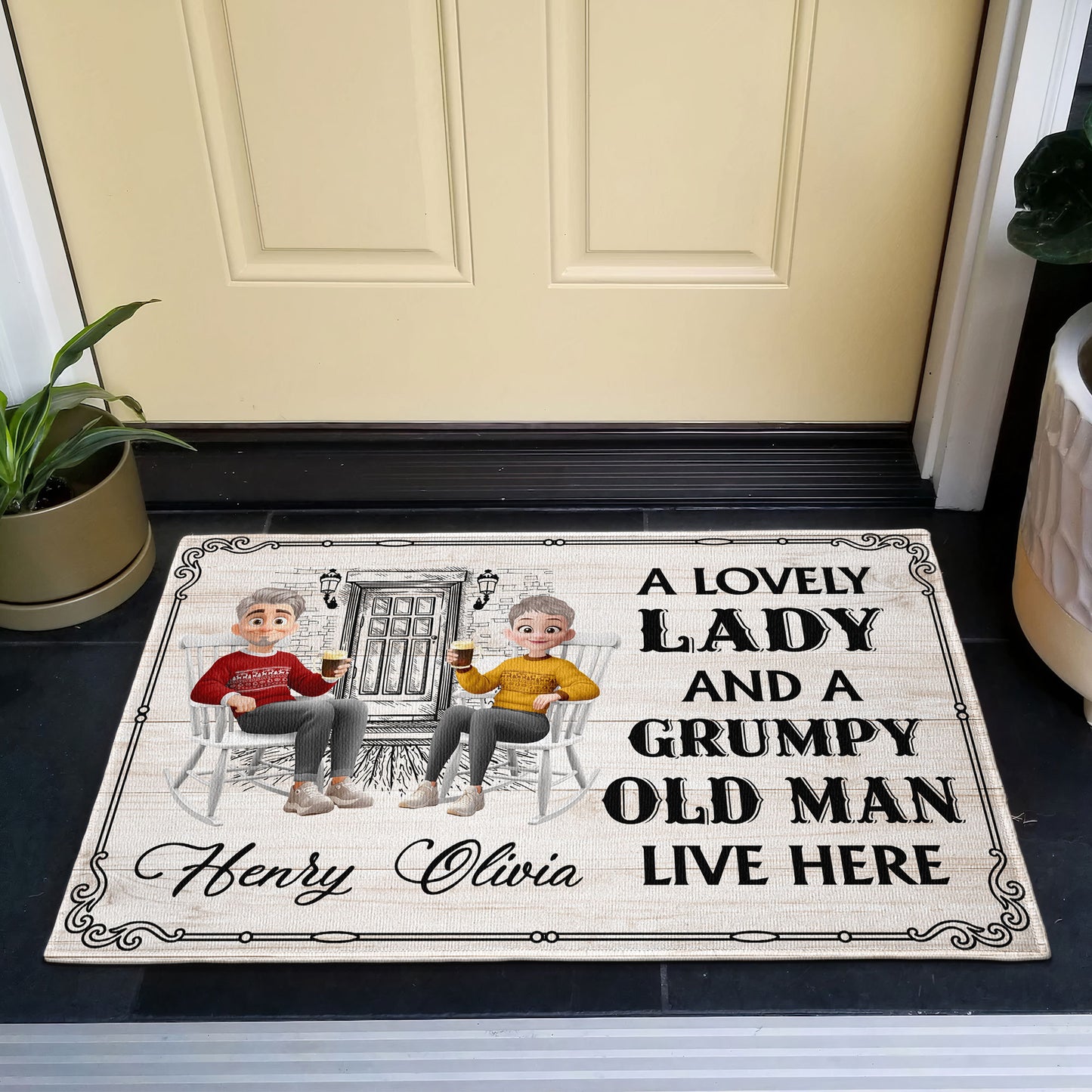 Family Couple A Lovely Lady And A Grumpy Old Man Live Here - Personalized Doormat
