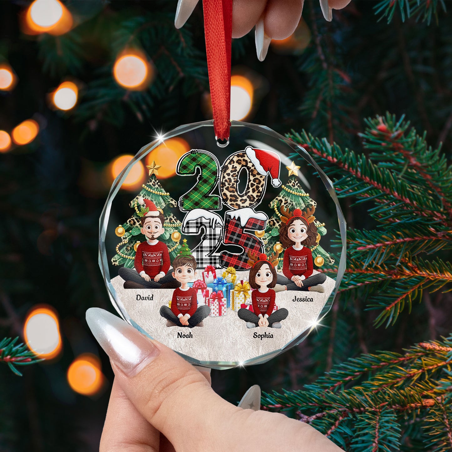 Family Couple Friends Sitting 2025 Cartoon Version - Personalized Glass Ornament