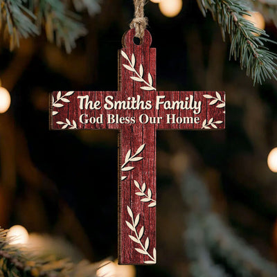 Family Cross, God Bless Our Home - Personalized Wooden Ornament