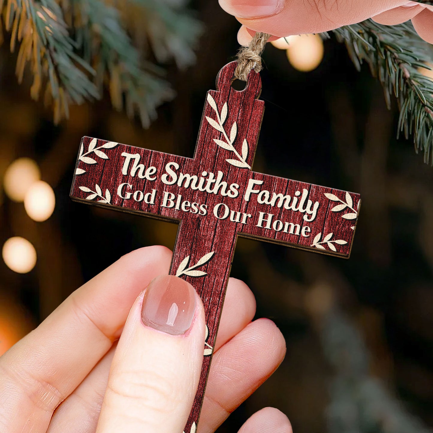 Family Cross, God Bless Our Home - Personalized Wooden Ornament
