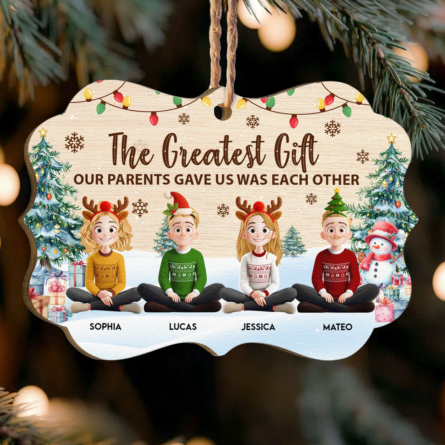 Family Friends Siblings Coworker Sitting Festive Plant - Personalized Wooden Ornament