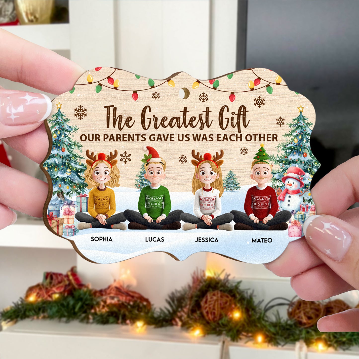 Family Friends Siblings Coworker Sitting Festive Plant - Personalized Wooden Ornament