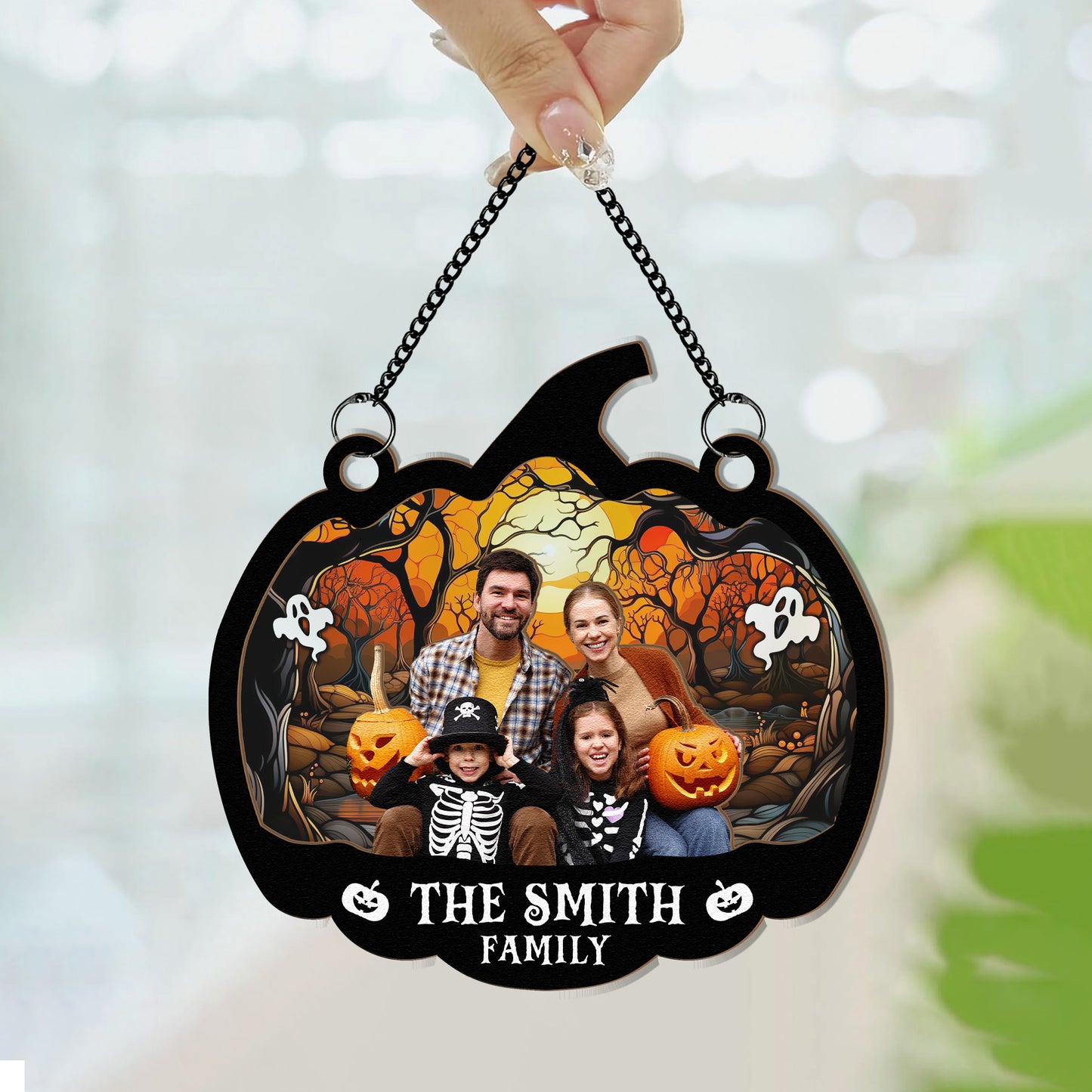 Family Halloween Decoration - Personalized Window Hanging Suncatcher Photo Ornament