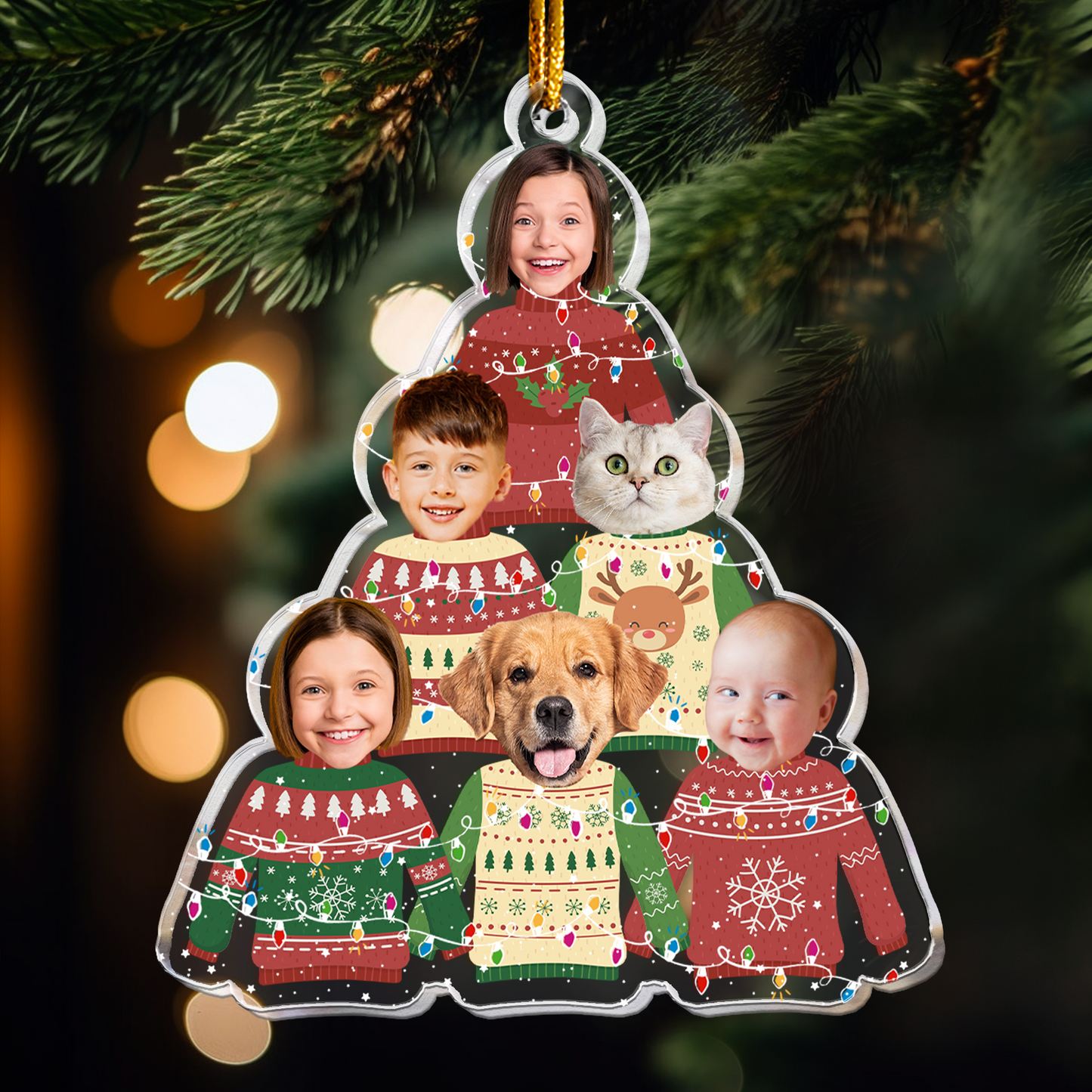 Family In Christmas Ugly Sweater Custom Fun Face - Personalized Acrylic Photo Ornament