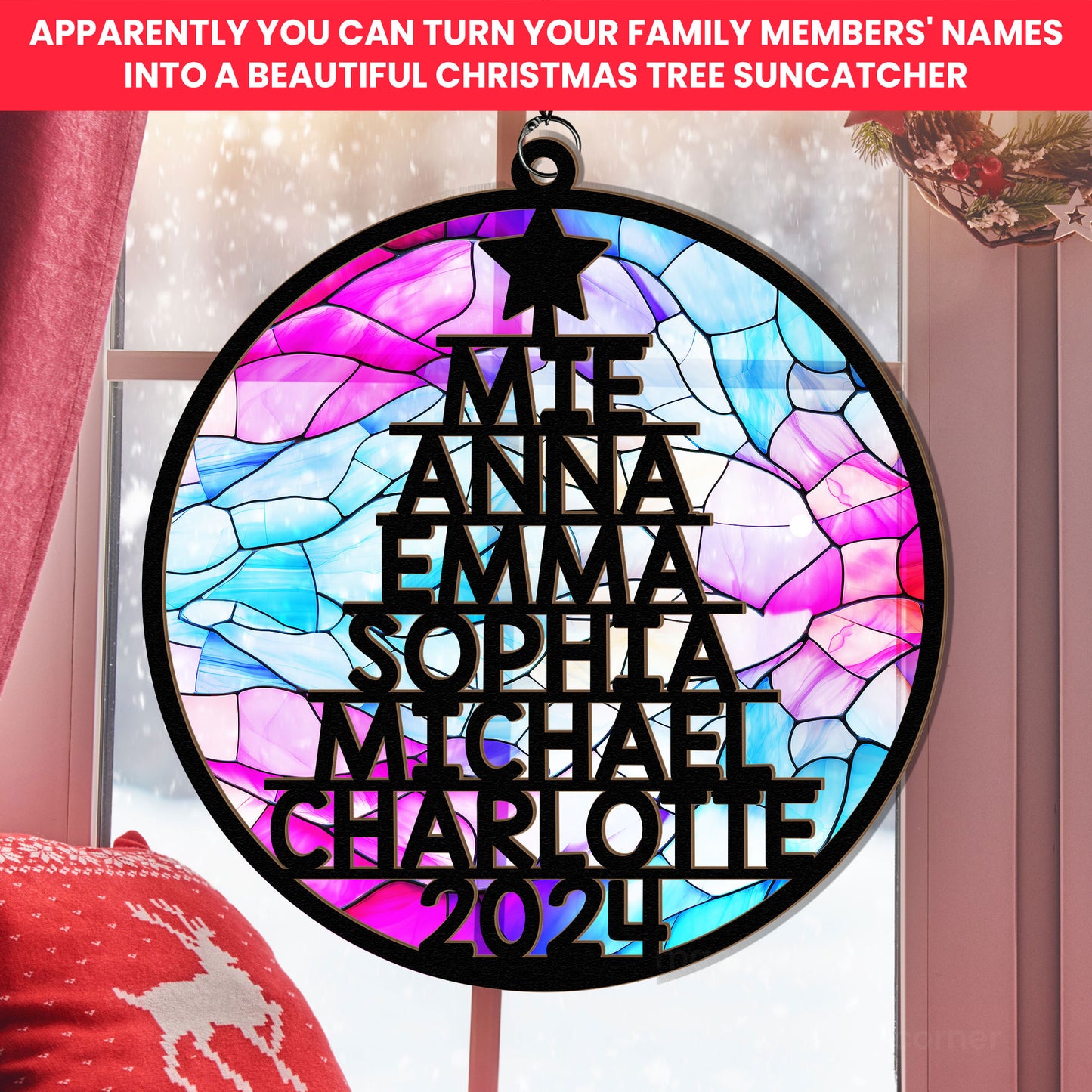 Family Member Names Christmas Tree - Personalized Window Hanging Suncatcher Ornament