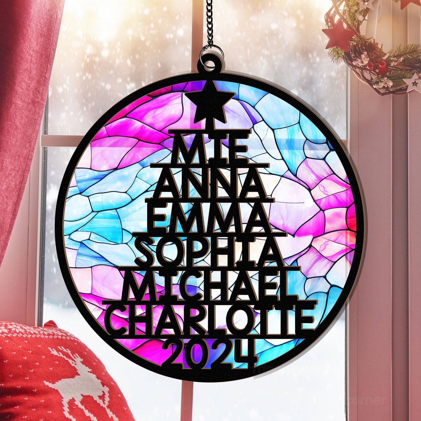 Family Member Names Christmas Tree - Personalized Window Hanging Suncatcher Ornament