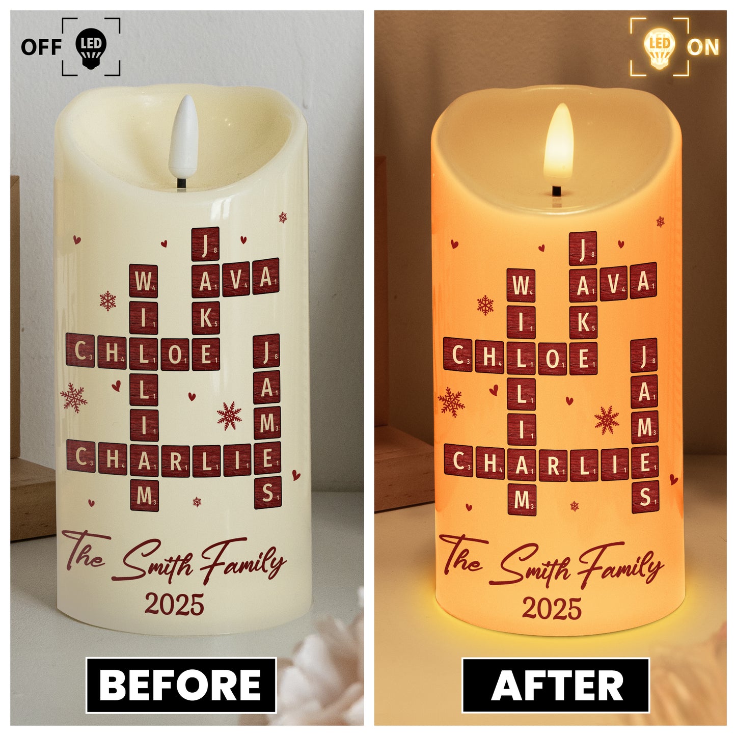 Family Name Scrabble Christmas - Personalized LED Candle