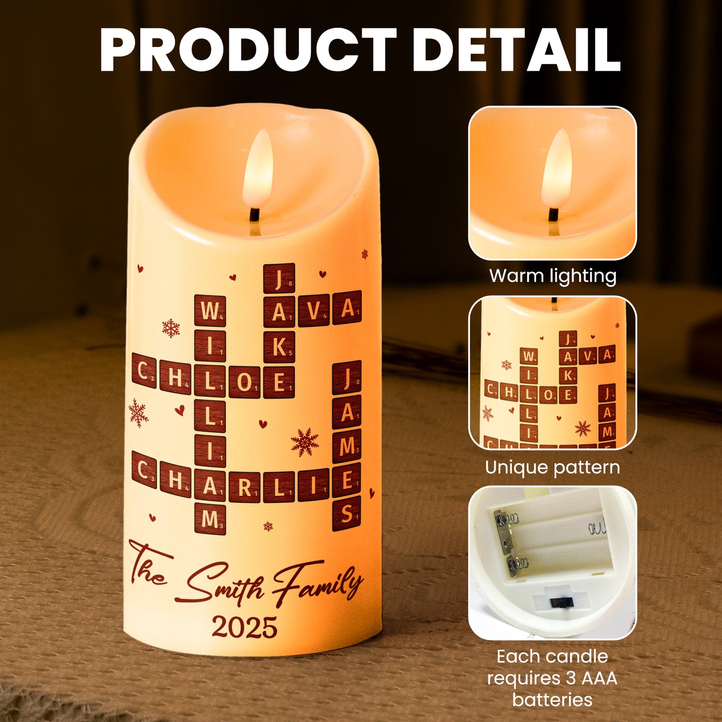 Family Name Scrabble Christmas - Personalized LED Candle